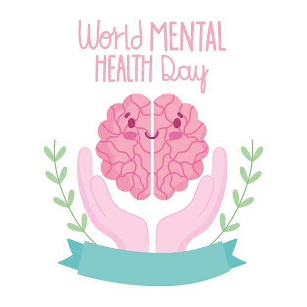 World mental health day, cartoon brain in hands ribbon card