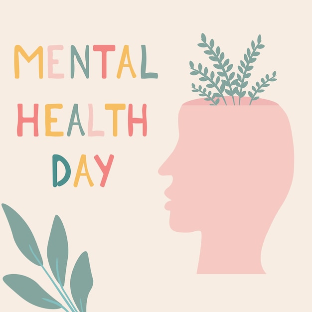 World mental health day concept vector illustration human head with flowers