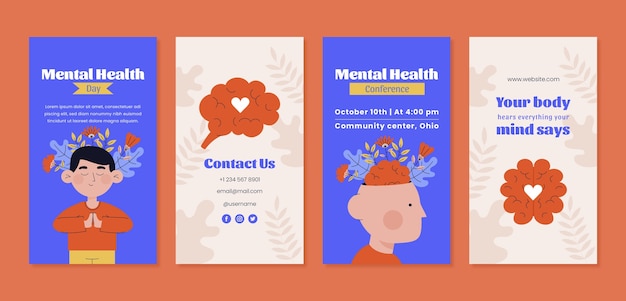 Vector world mental health day flat design instagram stories collection