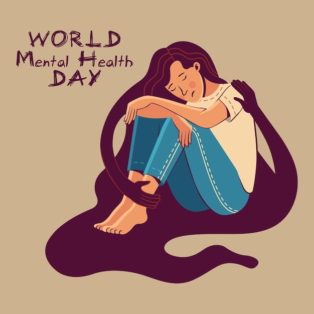 Vector world mental health day illustration of a depressed women enveloped in a negative aura around her