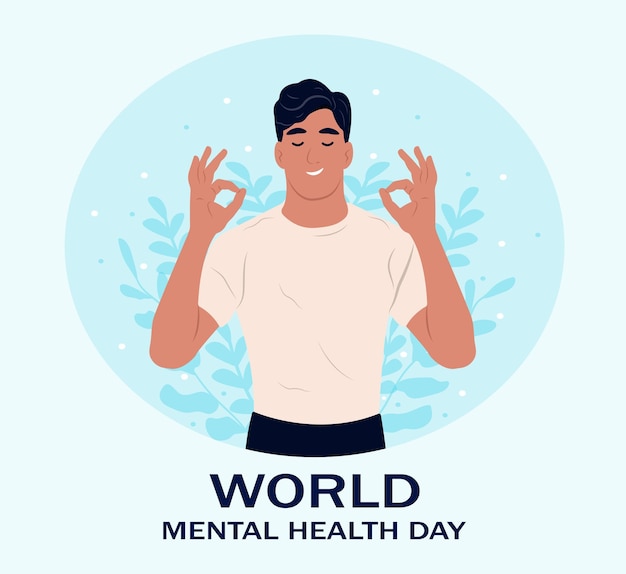 World mental health day illustration Man meditating with eyes closed