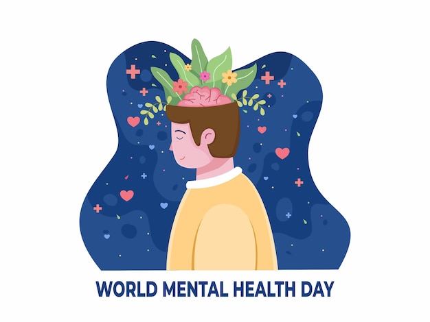 World mental health day illustration with relaxing people and floral in the head