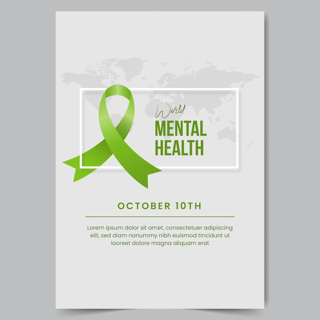 World Mental Health Day October 10th poster with green ribbon and frame on isolated background