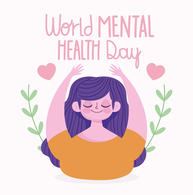 Vector world mental health day, smiling woman hearts love branches leaves cartoon