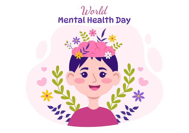 World Mental Health Day Vector Illustration on October 10 with Healthy Problem and Heart in Brain