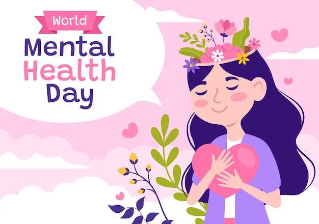 world mental health day vector illustration on october 10 with healthy problem and heart in brain