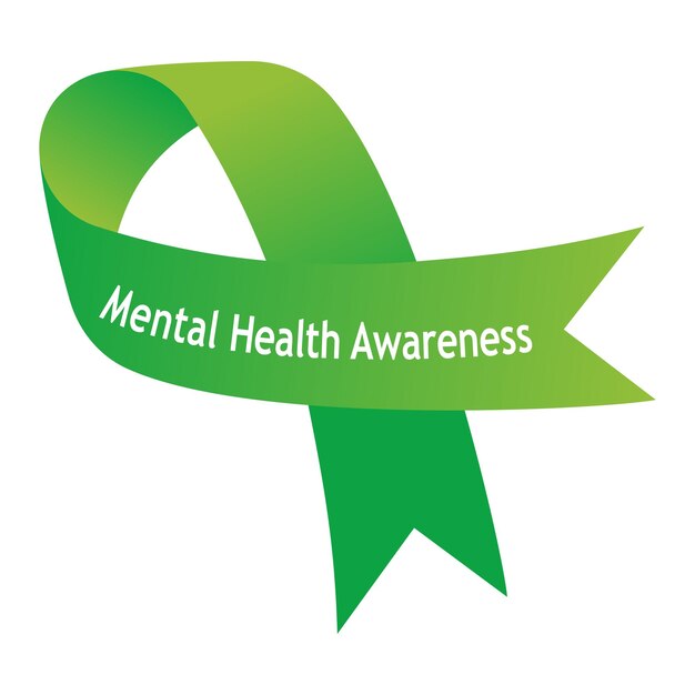 World mental health day words on green ribbon