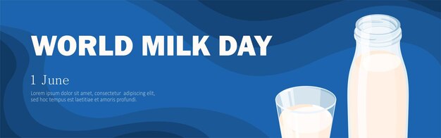 ベクトル 世界牛乳の日 6 月 1 日コンセプト グリーティング カード、牛乳ガラス瓶とテキストの文字体裁デザイン ベクトル水平長いバナー電子メール招待状ウェブサイト広告用