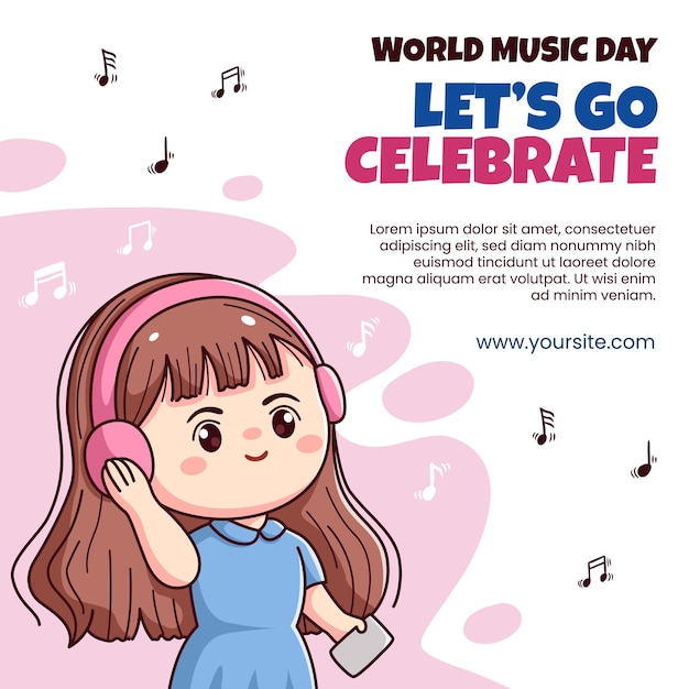 World music day cute happy girl kawaii chibi character with headphone social media template