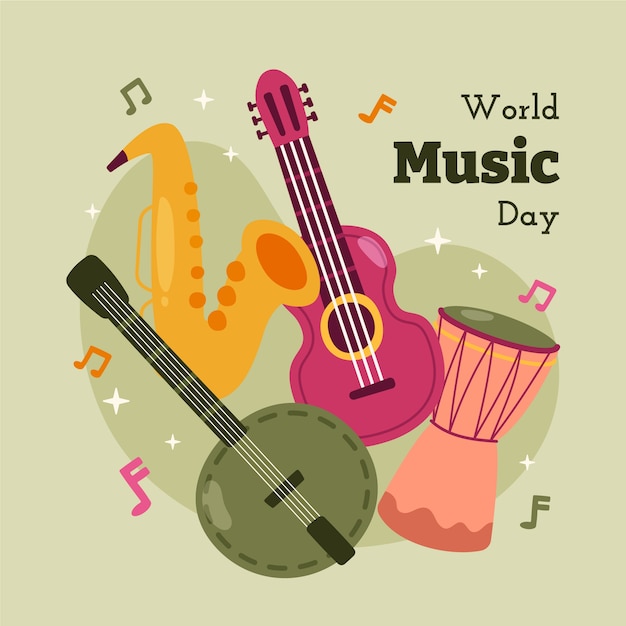 Vector world music day hand drawn flat illustration