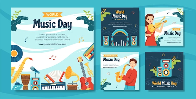 World music day social media post flat cartoon hand drawn templates background illustration