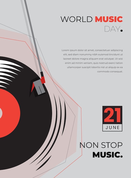 Vettore design del modello della giornata mondiale della musica con illustrazione in vinile che si celebra il 21 giugno