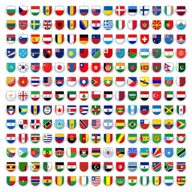 世界の国旗の集合シンボルボタンまたは教育におけるレッスンや知識のためのエンブレム