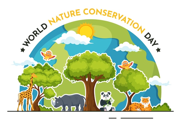 世界自然保護デーのベクトル図と世界地図と環境に優しいエコロジー テンプレート