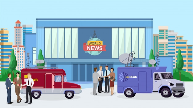 world news building, reporter standing near tv car, truck illustration.