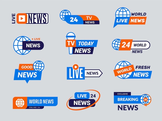 世界のニュースロゴ ニュースTVエンターテインメントのエンブレム 最近のベクトルバッジ テキストの場所を持つセットコレクション