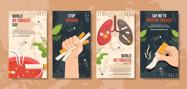 World no tobacco day social media stories flat cartoon hand drawn templates illustration