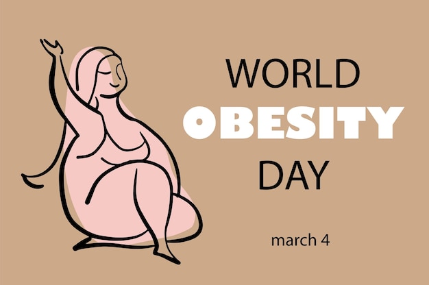 Bandiera della giornata mondiale dell'obesità illustrazione vettoriale della donna obesa