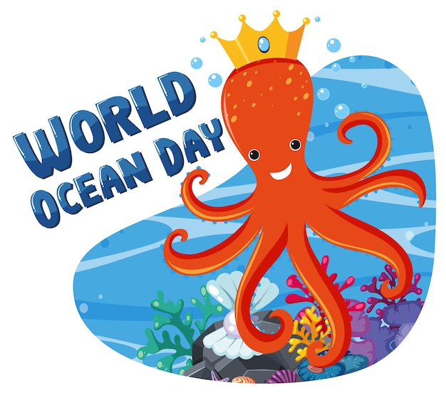 World Ocean Day banner met schattige octopus stripfiguur