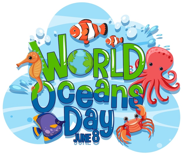 World Ocean Day banner met zeedieren stripfiguur