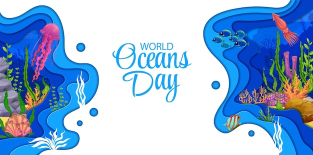 World ocean day banner sea paper cut landscape