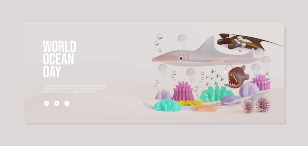 World Ocean Day Banner Template With Composition Of Sea Animals 3D Illustration