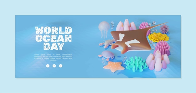 Vector world ocean day banner template with manta ray 3d vector illustration