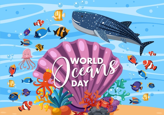 World Ocean Day banner with many different sea animals