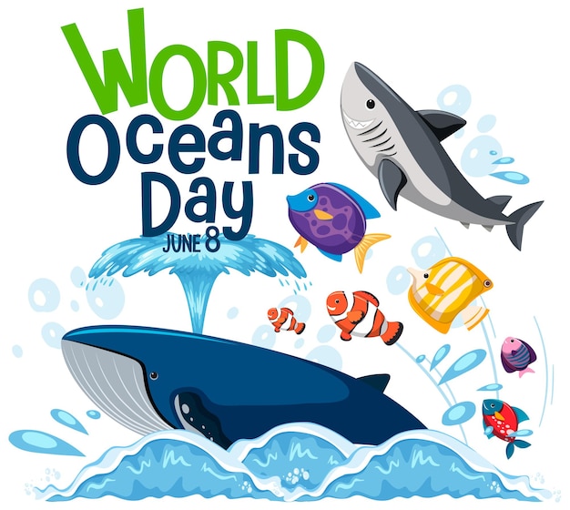 World ocean day banner with many different sea animals