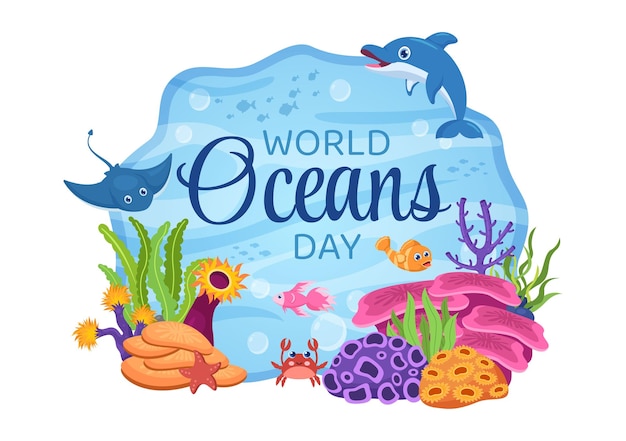 World Ocean Day Cartoon afbeelding met onderwaterlandschap gewijd aan het helpen beschermen