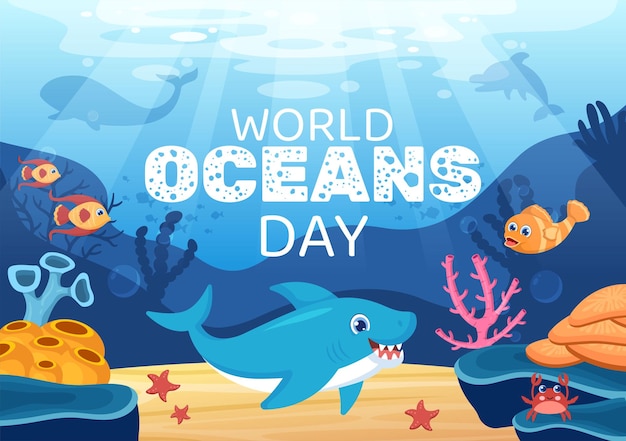 World Ocean Day Cartoon afbeelding met onderwaterlandschap gewijd aan het helpen beschermen