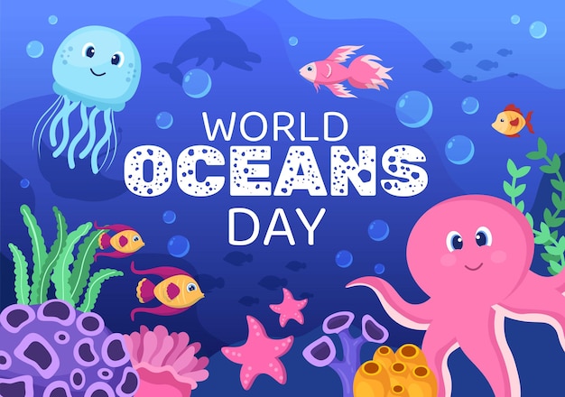 World Ocean Day Cartoon Illustration with Underwater Scenery Dedicated to Helping Protect