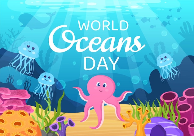 World ocean day cartoon illustration with underwater scenery dedicated to helping protect