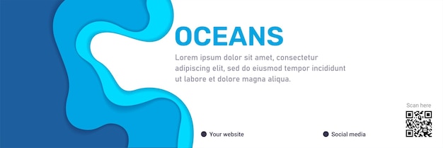 ベクトル 世界海洋デー ヘッダー テンプレート、青い波紙カット スタイル。ペーパーカット アート。海の海洋生物の概要