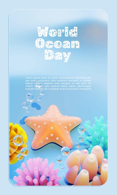 Modello del manifesto della giornata mondiale dell'oceano con lo sfondo dell'illustrazione delle stelle marine