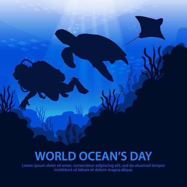 World ocean's day with turtle, stingrays & divers