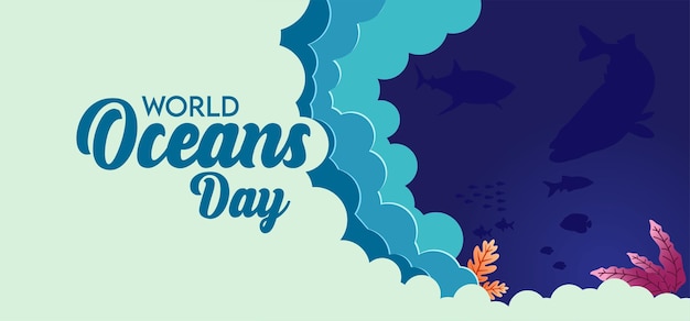 Vector world oceans background day with paper cut style