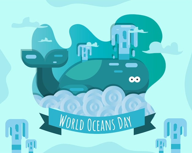 World oceans day 8 june underwater marine blue whale fish cartoon poster vector design illustration