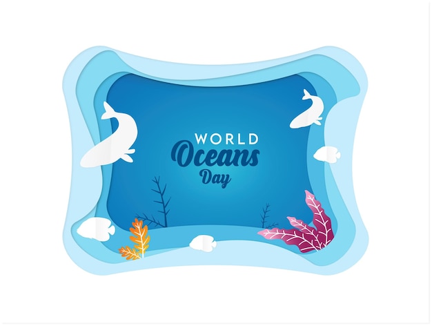 world oceans day background in paper cut style