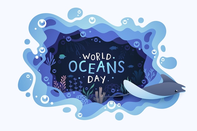 Vettore sfondo della giornata mondiale degli oceani con il mondo sottomarino dell'ecosistema ambientale