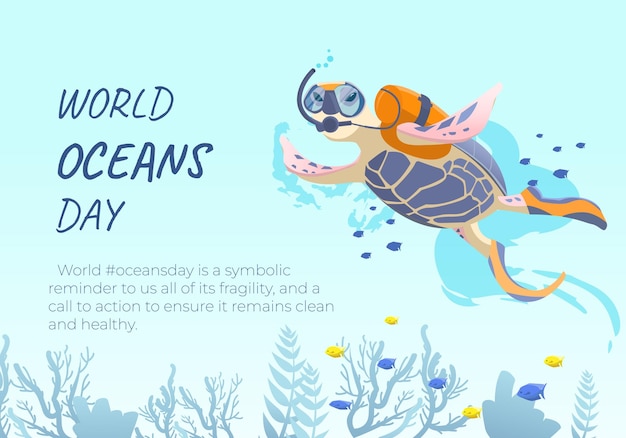 World oceans day design illustration with turtle scuba diver greeting card background invitation