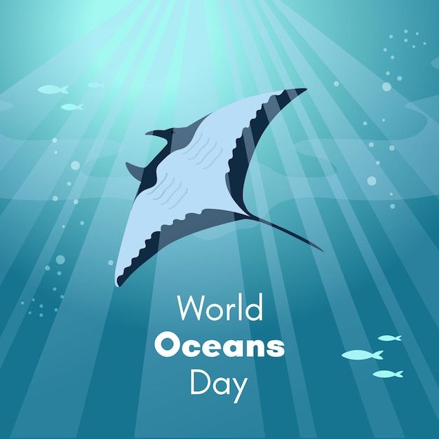 Vector world oceans day greeting card banner social media post template sea background with manta ray