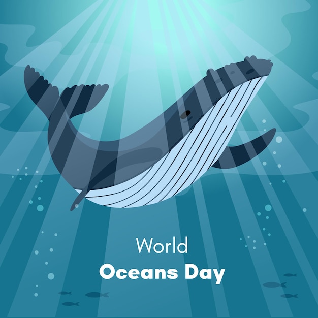World Oceans Day Greeting card banner social media post template Sea with humpback whale