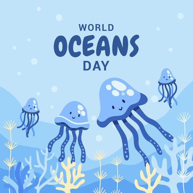 world oceans day hand drawn flat illustration