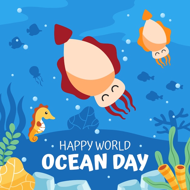 World oceans day hand drawn flat