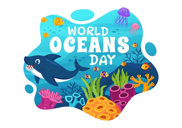 World Oceans Day Illustration to Help Protect and Conserve Ocean or Sea Plant in Hand Drawn Template