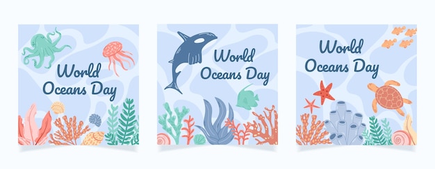 World oceans day instagram posts collection Sea inhabitants shells and corals on blue water