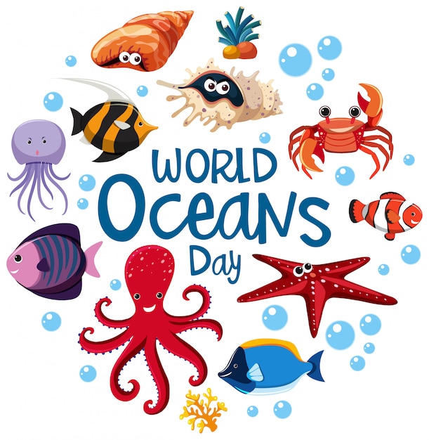 World oceans day logo or banner with different sea animals