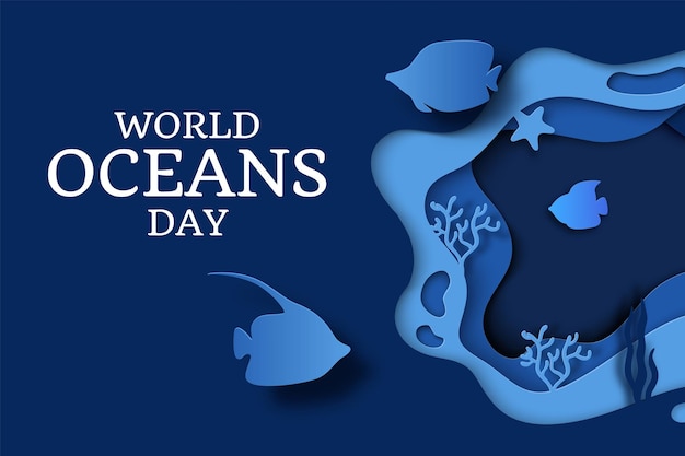 World oceans day paper cut poster of summer international
holiday silhouette sea deep and swimming fish with origami effect
underwater animals or seaweeds vector decorative banner