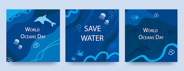 Плакат всемирного дня океанов с синим фоном, жидкими формами и элементами океана макеты для печати листовок обложки дизайн баннера эко концепция вектор